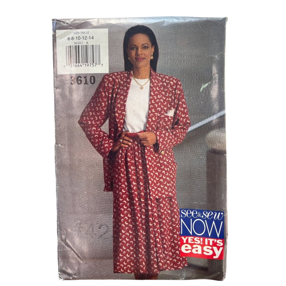 90s Butterick See & Sew 3610 Sewing Pattern Sizes 6-14 Jacket Skirt & Top UNCUT